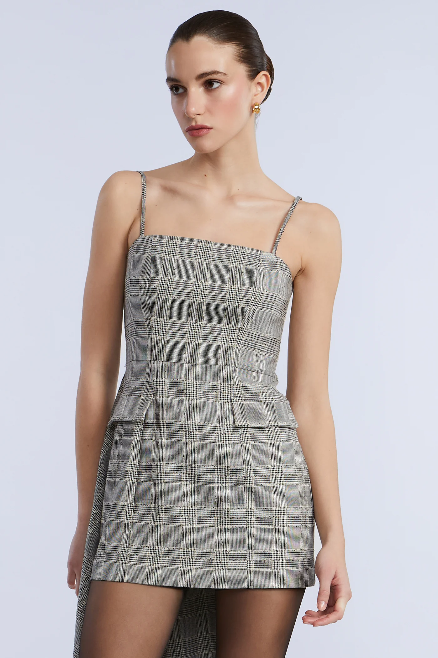 Glen Plaid Dress With Drape - Image 4