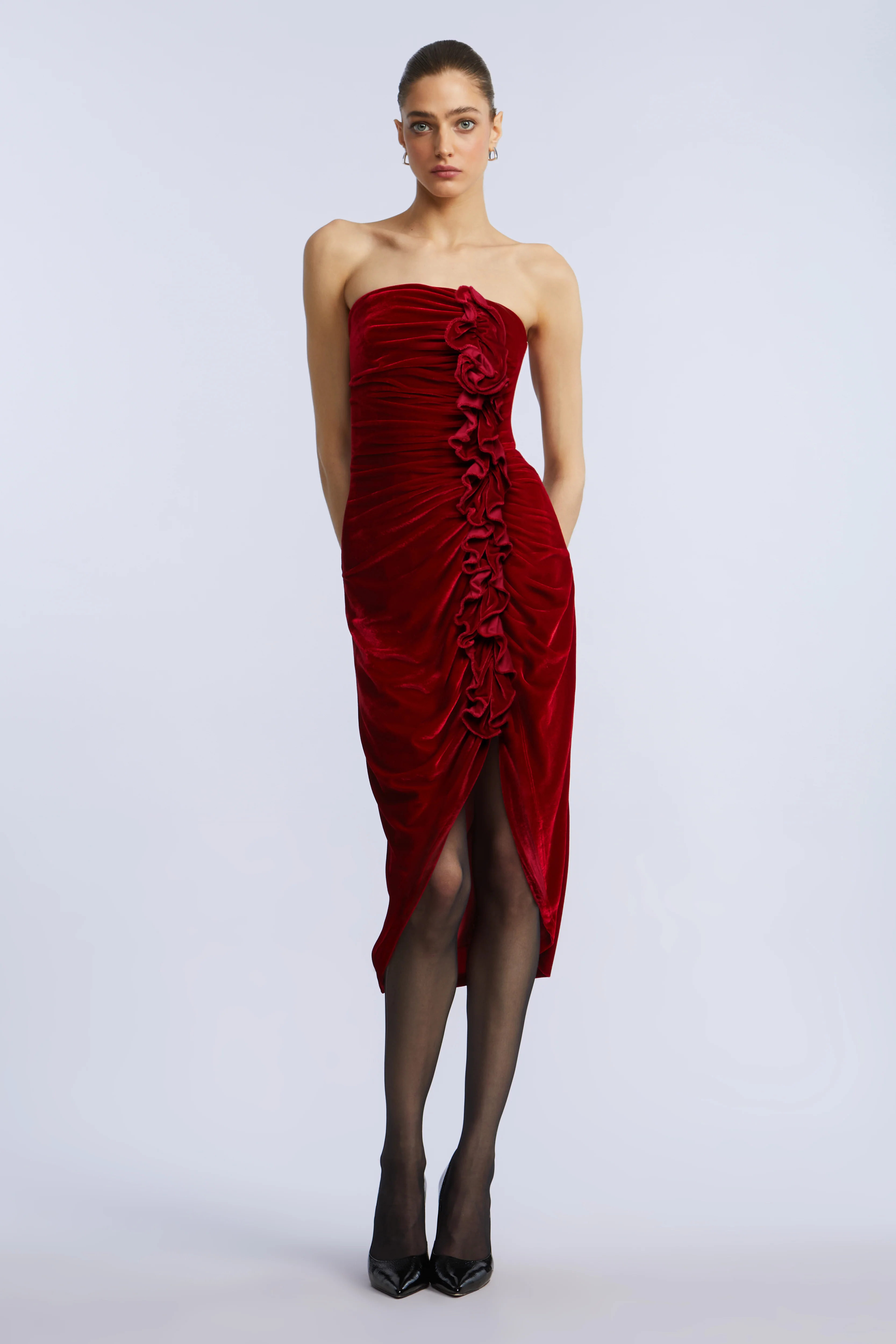 Strapless Velvet Ruffle Dress - Image 4
